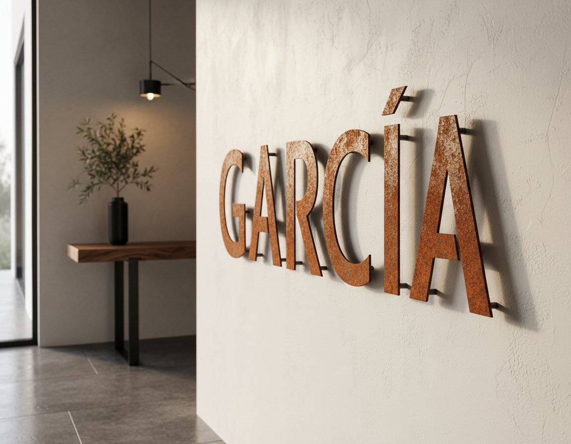 Apellido familiar cortado en acero corten colgado sobre pared encalada, con sombra proyectada en sesgo