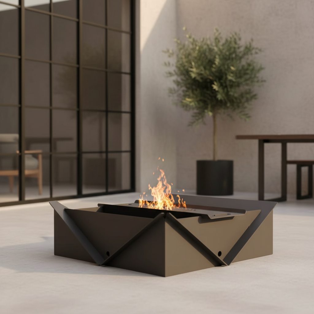 Brasero de acero negro plegable con parrilla elevada, sobre terraza de baldosa con atardecer