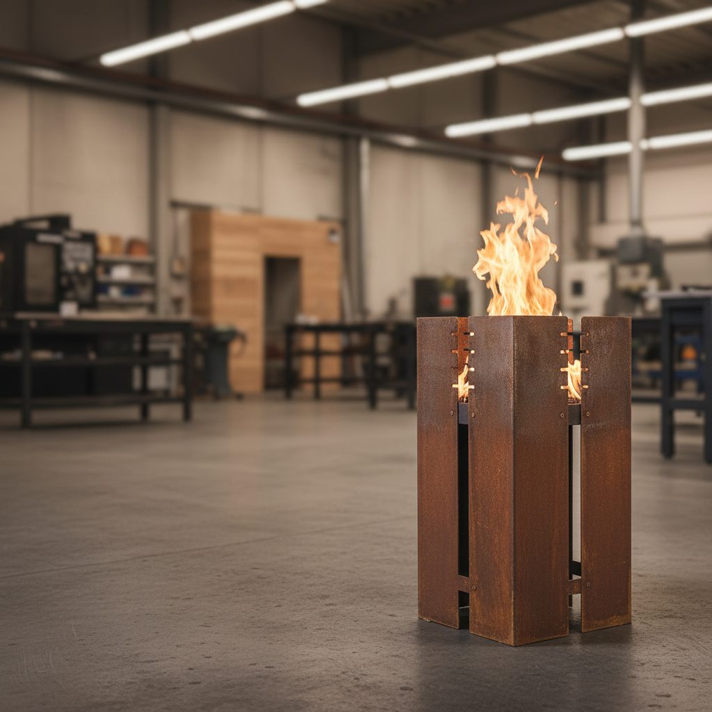 Brasero negro mate sobre terraza de baldosa urbana con plantas alrededor