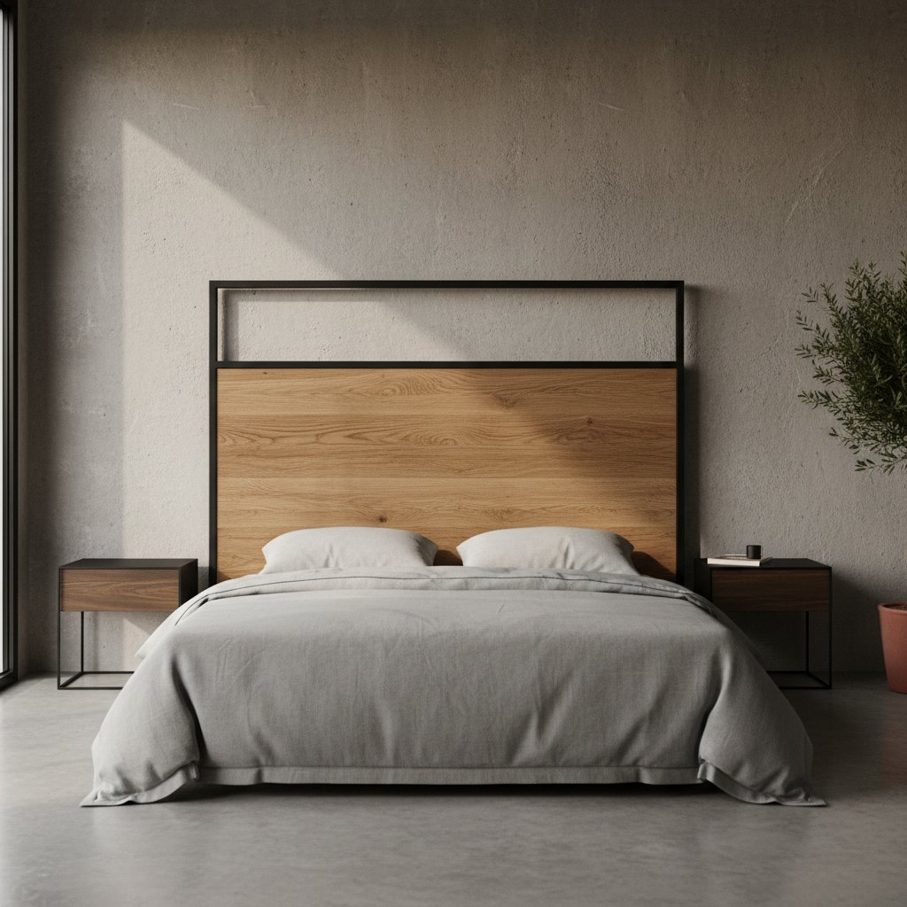 Cabecero de roble macizo con marco perimetral de acero negro en dormitorio con cama vestida en lino gris y luz natural lateral