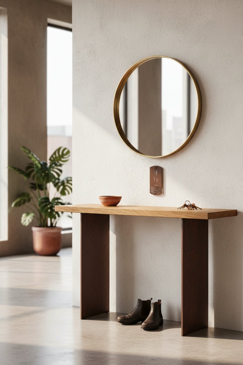 Consola de entrada con tablón de roble macizo y estructura en U de acero corten patinado, en recibidor con pared encalada y espejo circular