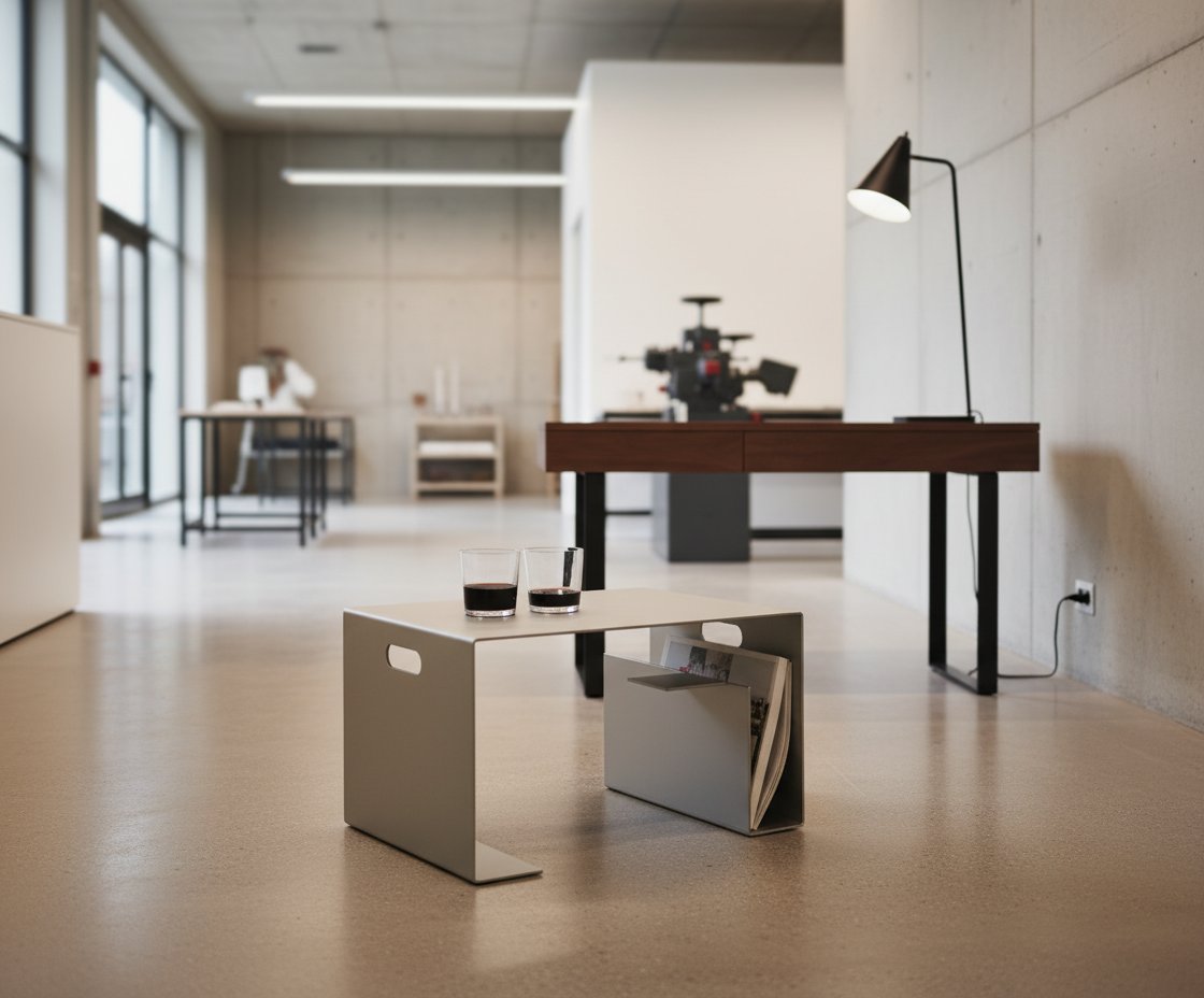 Consola de nogal americano con estructura de acero lacado negro en recibidor de estilo minimalista, con lámpara de pie lateral