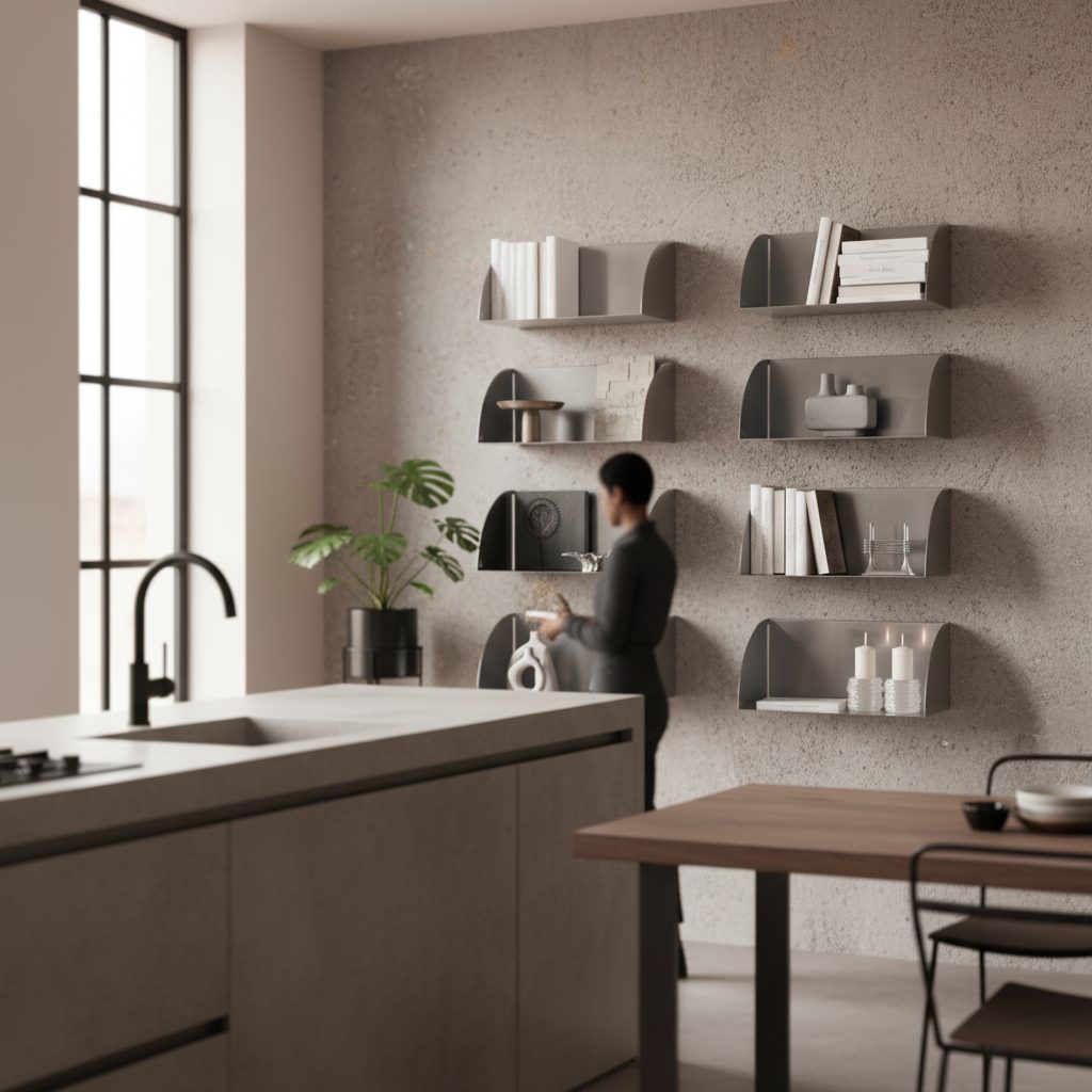 Balda flotante de acero inoxidable cepillado sobre azulejo de cocina, con botes y plantas