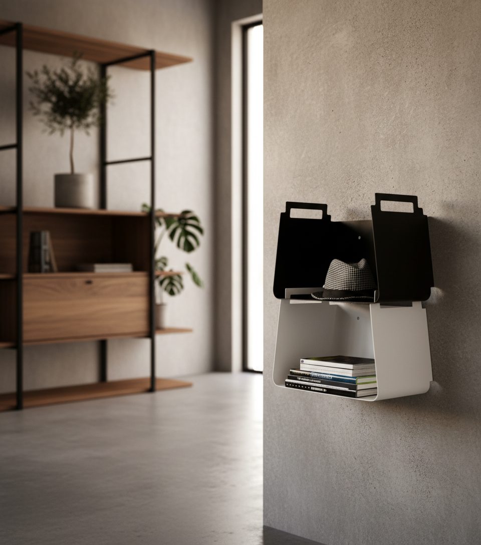 Dos módulos de estantería con soportes negros y baldas de roble sobre pared de ladrillo visto