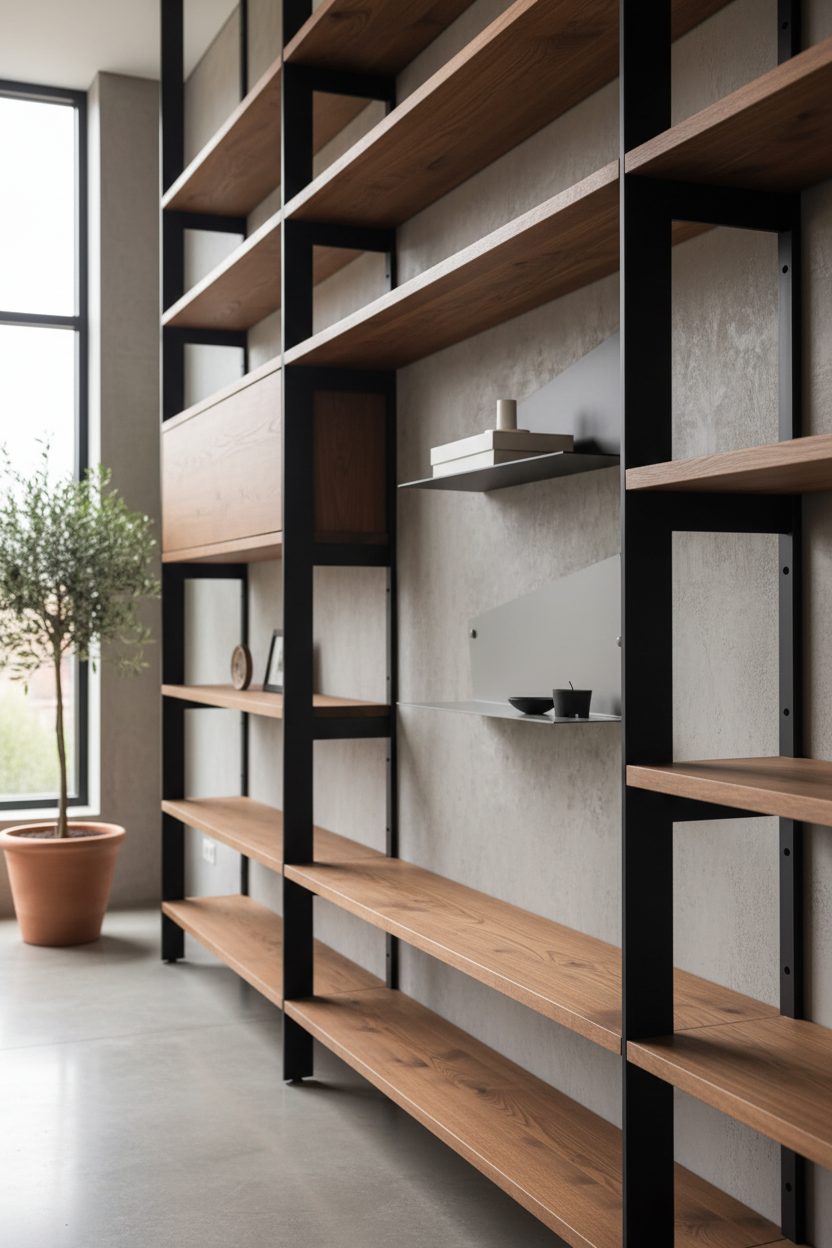 Balda de nogal macizo con soportes de acero negro en dormitorio minimalista