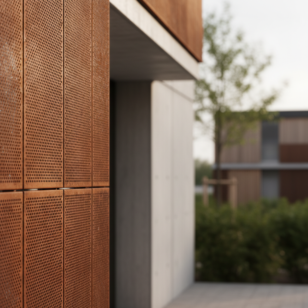 Celosía modular de acero corten con patrón perforado fino como revestimiento de fachada residencial