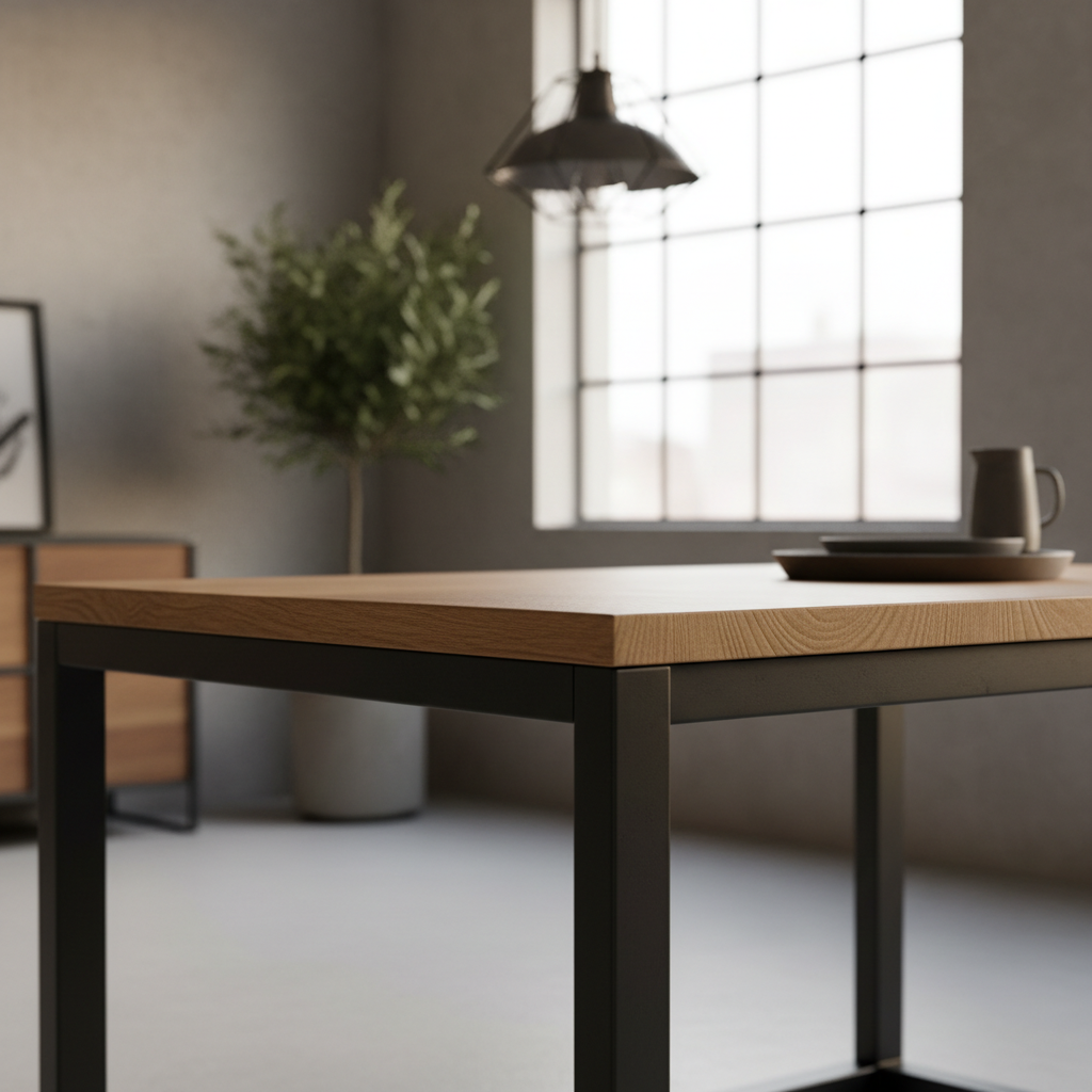 Mesa de comedor contemporánea con estructura de acero mate negro y tablero de roble macizo