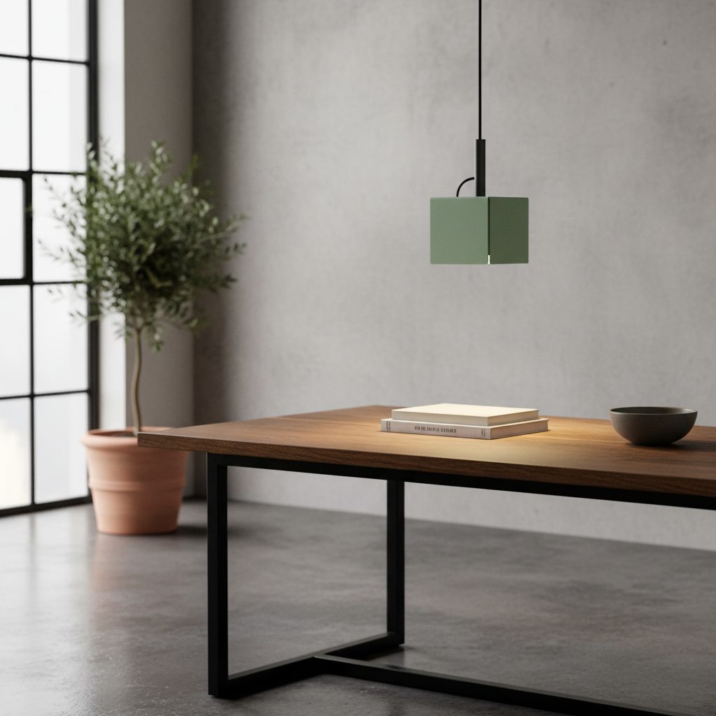 Lámpara colgante de chapa de acero plegada en forma geométrica lacada negro sobre mesa de comedor