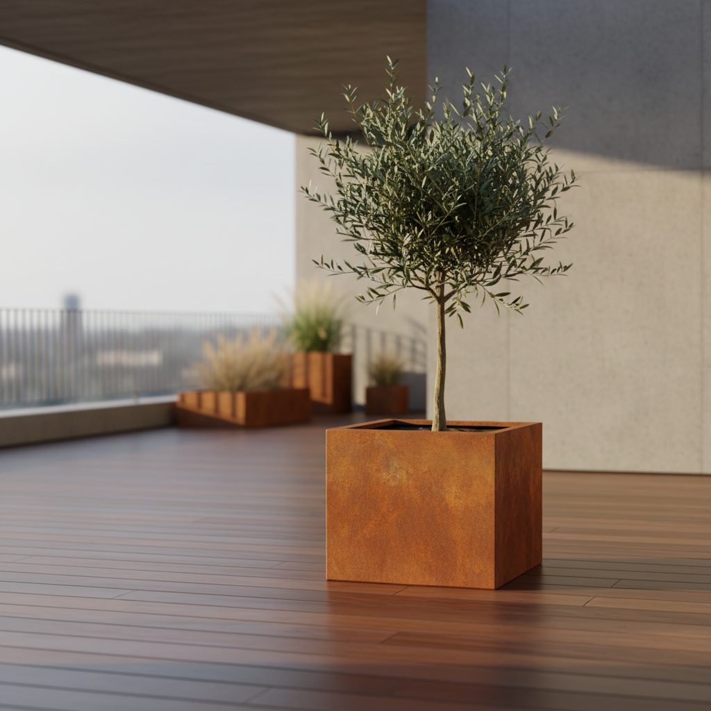 Macetero rectangular de acero corten en terraza con planta de gramineas y suelo de madera