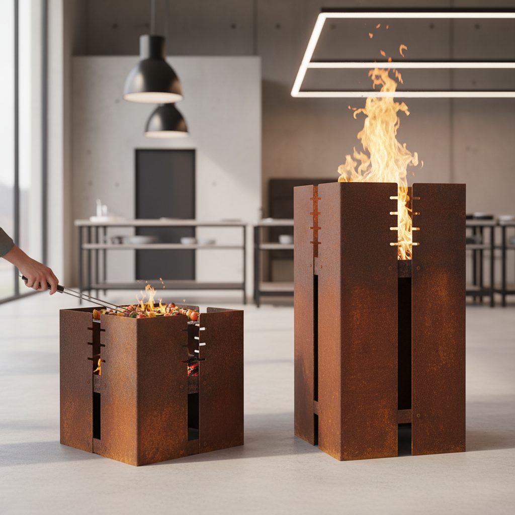 Jardinera larga de corten en balcón urbano con lavanda y gramíneas