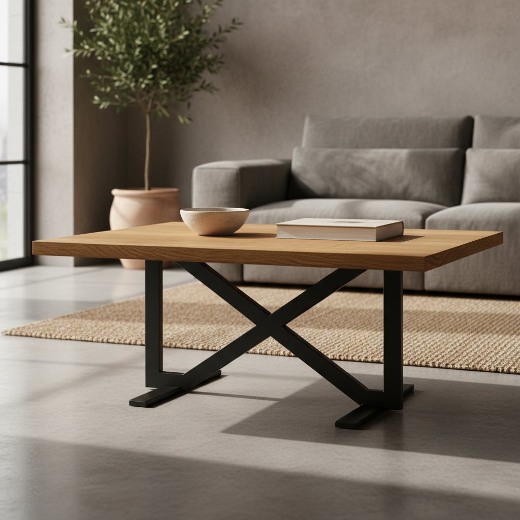Mesa de centro con tablero de roble macizo y base en X de acero negro, en un salón con sofá gris y alfombra de yute