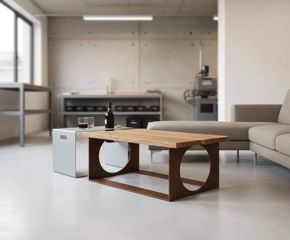 Mesa de centro de castaño ibérico con base en doble arco de acero corten en salón con luz cálida