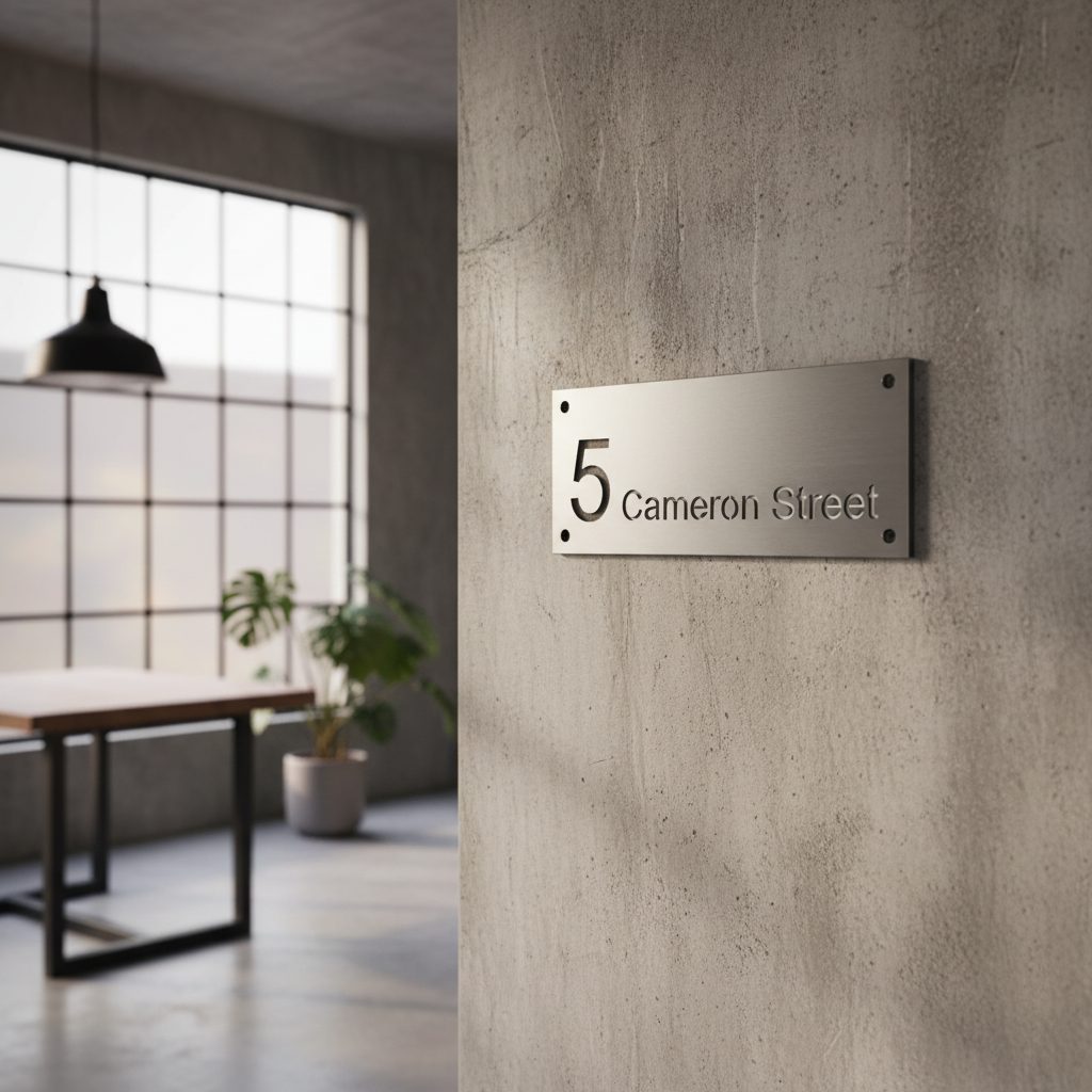 Número 7 en acero corten sobre fachada de hormigón, con sombra proyectada