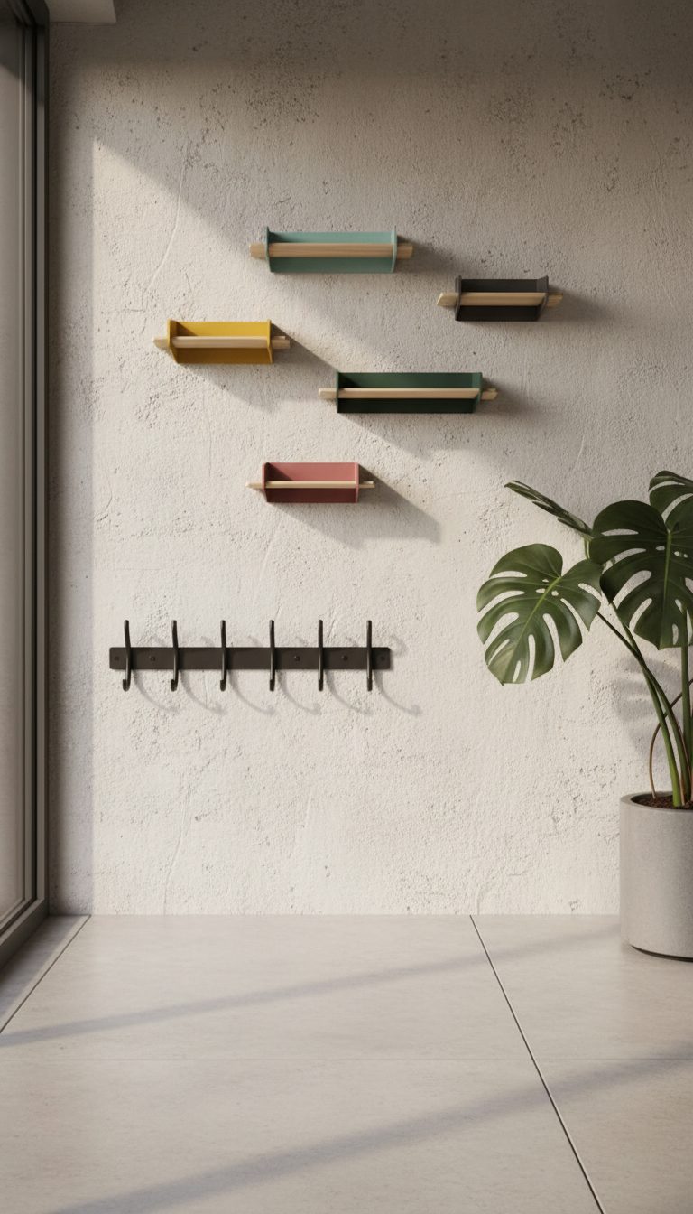 Perchero de pared en acero lacado negro con 5 ganchos, en entrada con suelo de hormigón