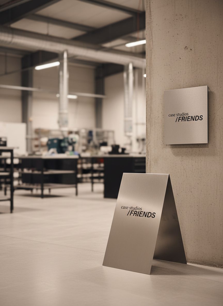 Placa de despacho en latón cepillado con nombre y logotipo grabado