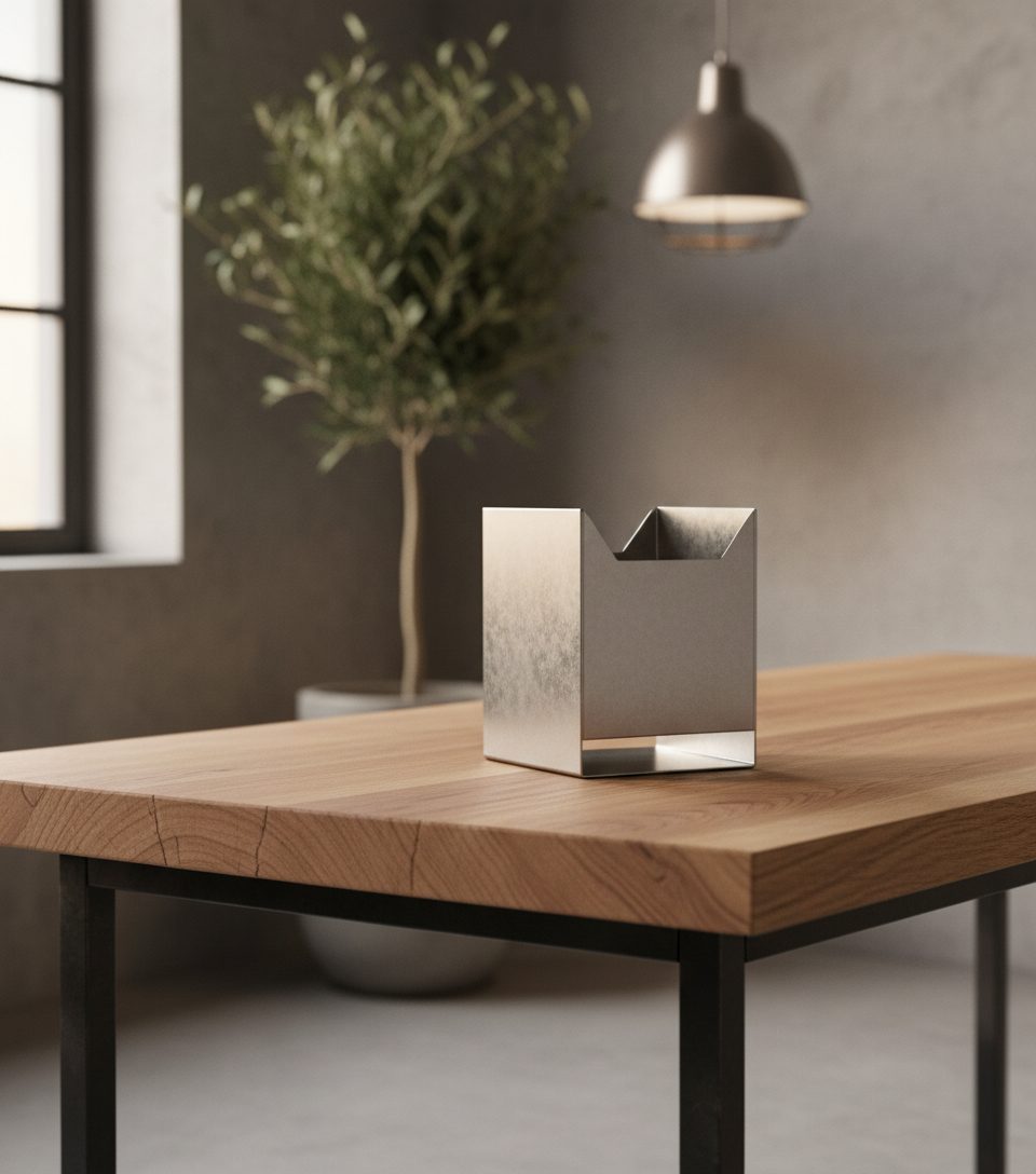 Portacarta de acero inoxidable cepillado con logotipo grabado sobre mesa de restaurante