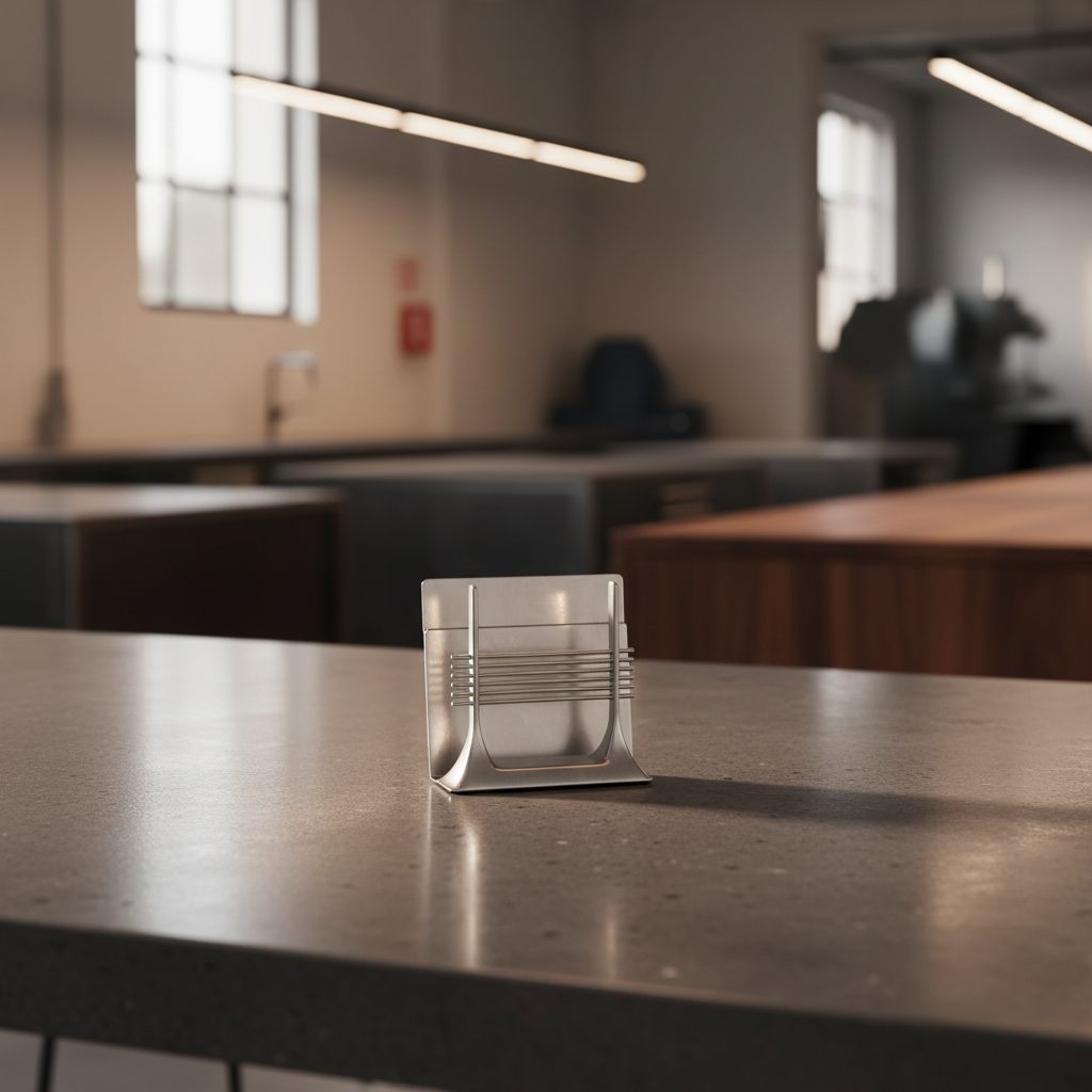 Portamenú de latón cepillado con logotipo grabado sobre mesa de mármol en restaurante