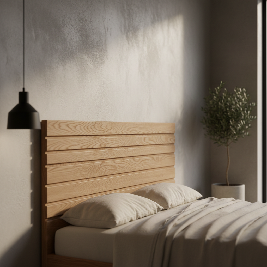 Cabecero de cama de roble macizo con patrón de ranura continua, sobre pared de microcemento