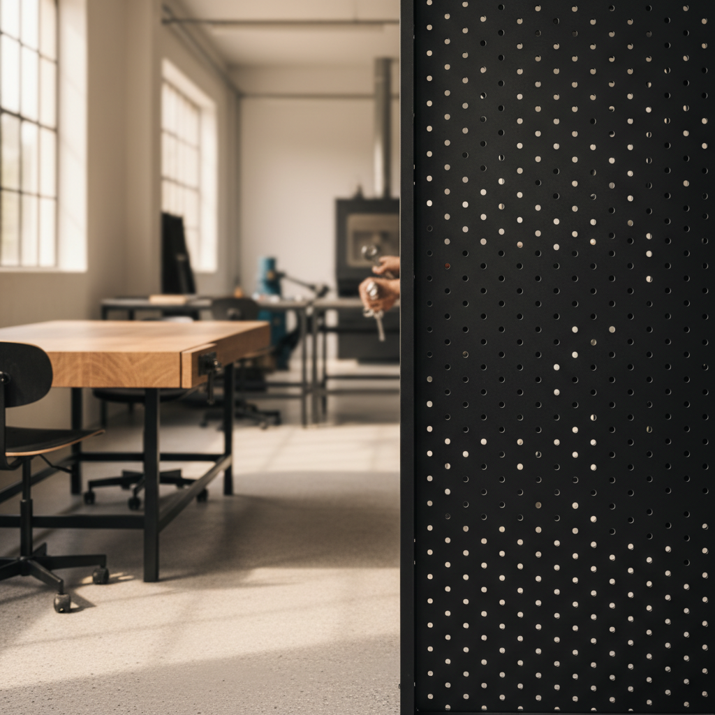 Panel separador vertical de acero lacado negro con perforado geométrico en un estudio