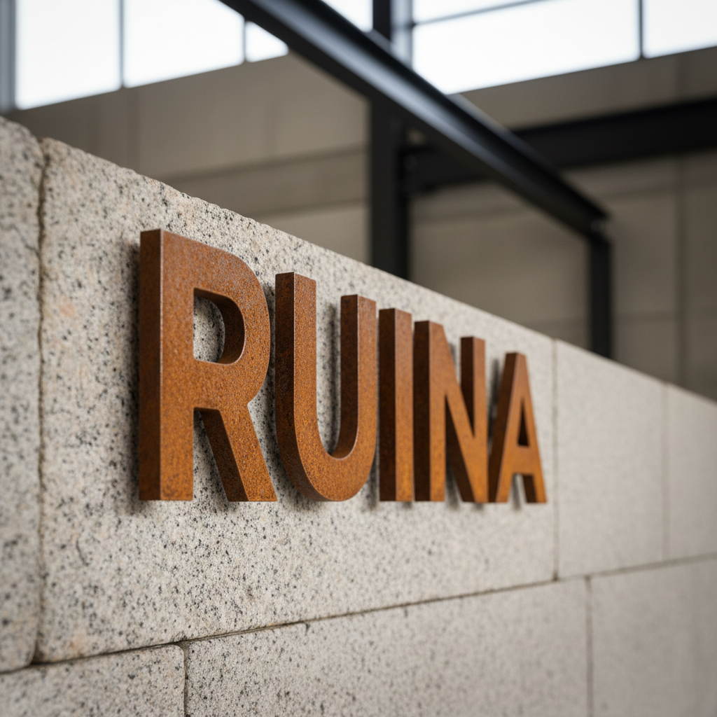 Rótulo de corten sobre fachada de piedra tradicional