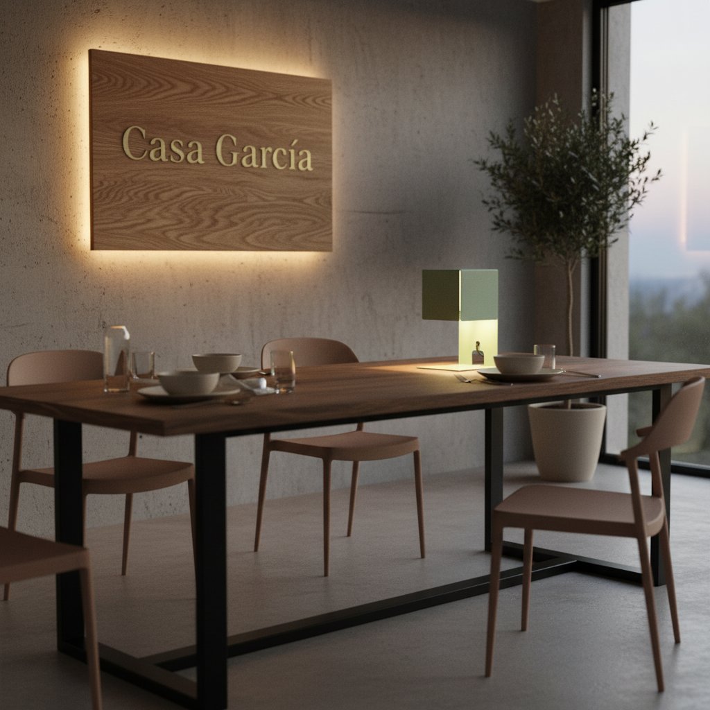 Rótulo con apellido familiar en latón cepillado sobre tablero de roble con halo de luz cálida en el perímetro, colgado sobre una mesa de comedor al atardecer