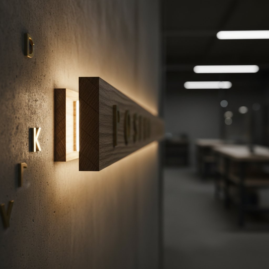 Detalle del canto del tablero de roble iluminado por LED cálido con las letras de latón sobrepuestas