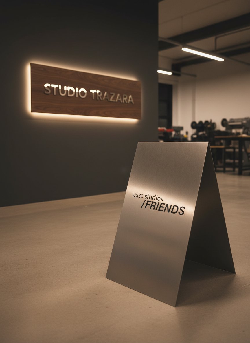 Rótulo con el nombre de un estudio en inox espejo sobre tablero de nogal, colgado en pared oscura con luz ambiente baja