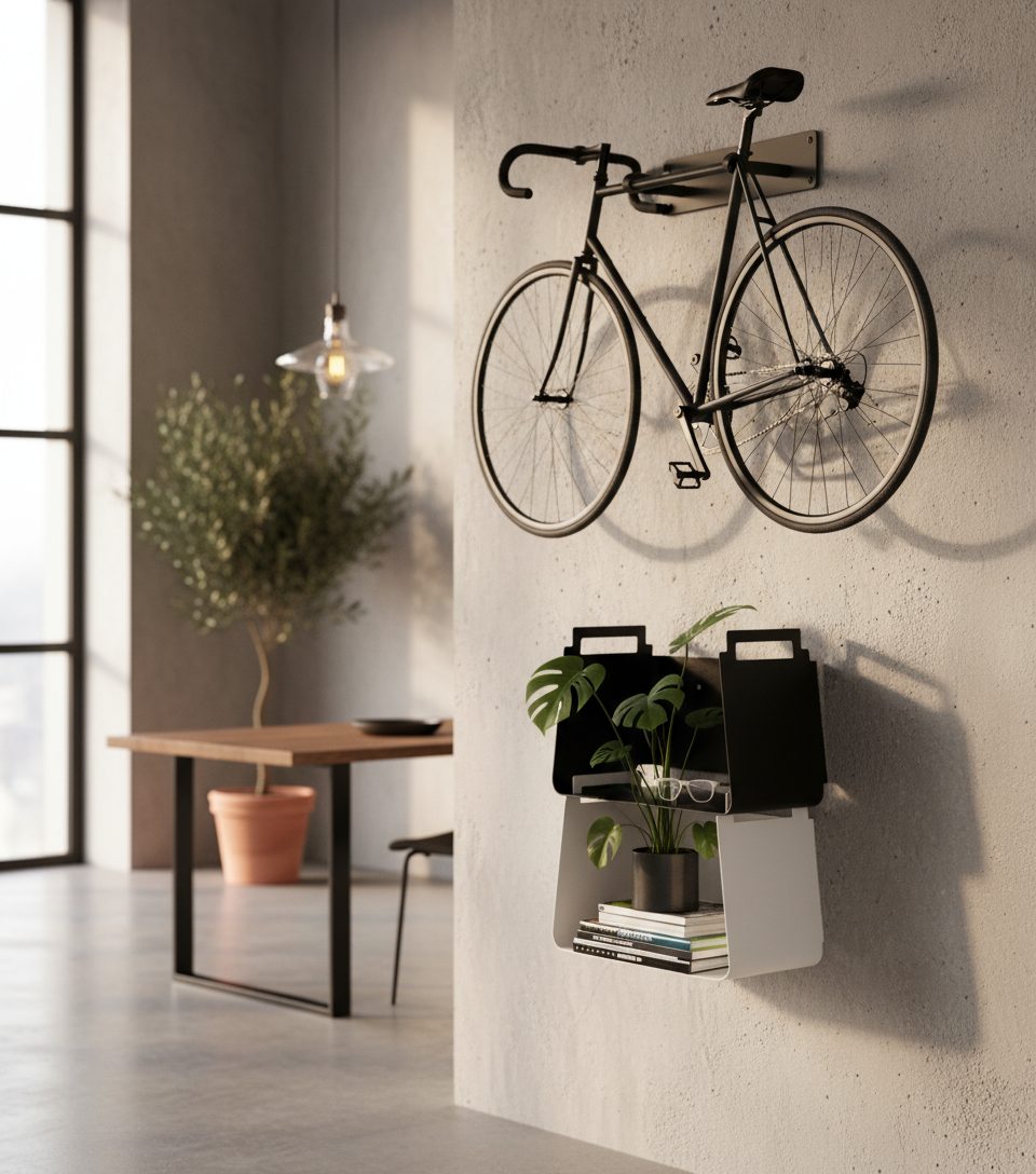 Soporte de bicicleta de pared en acero lacado negro con bici colgada en posición vertical