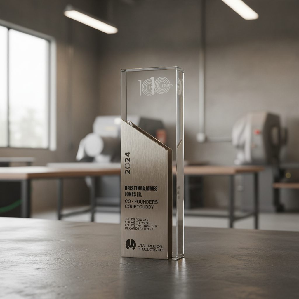 Trofeo con placa de latón grabada montada sobre base de roble macizo