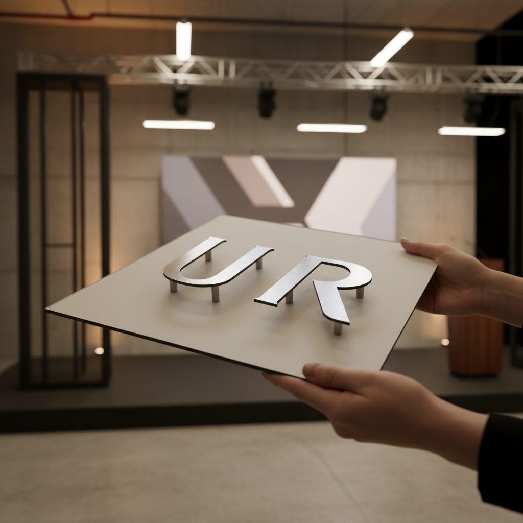 Placa conmemorativa de inox cepillado con grabado láser, instalada en pared de madera